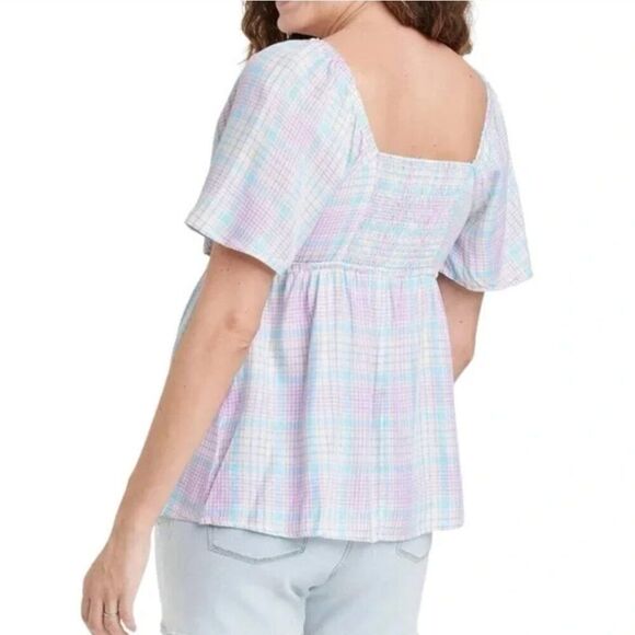 Isabel Maternity Top Tie Front Nursing Plaid Pastels Casual Short Sleeve Spring - Picture 4 of 10